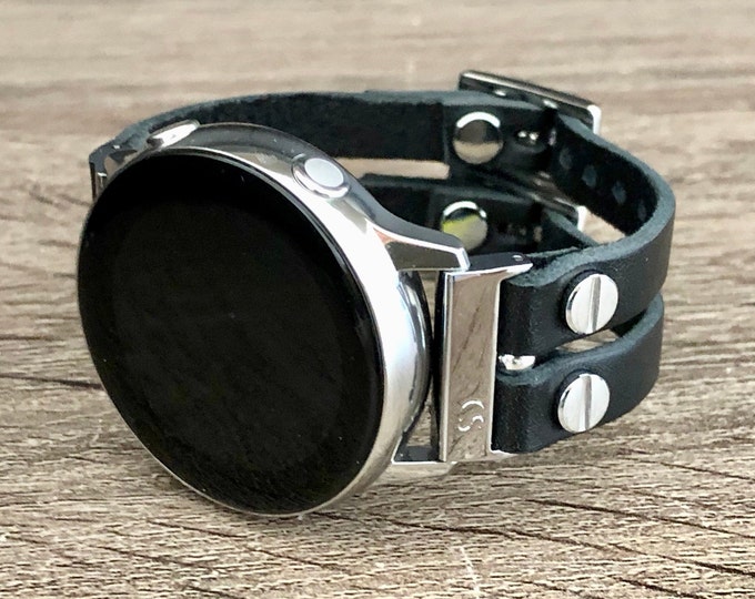 Samsung Galaxy Watch 5/6 Band (44mm, 40mm) Pro (45mm) Watch 6 Classic (43mm, 47mm) Silver & Black Leather Bracelet, Slim Leather Bracelet