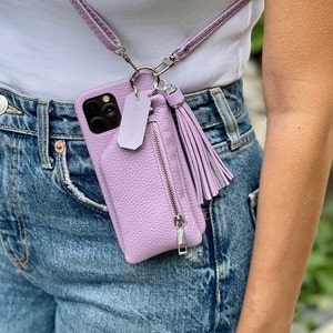 Personalized Leather iPhone Wallet Case: Crossbody Shoulder Strap with Zipper Pouch