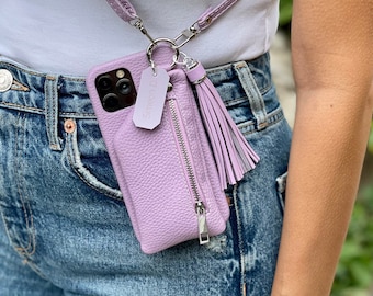 Personalized Leather iPhone Wallet Case: Crossbody Shoulder Strap with Zipper Pouch