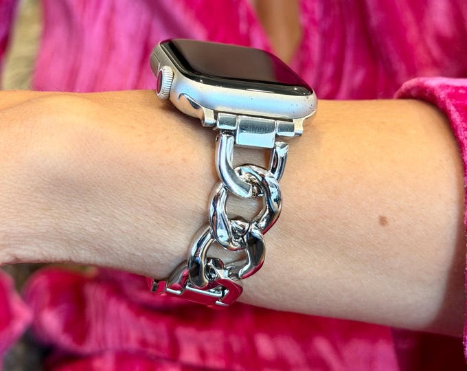 Silver Apple Watch Bracelet Band for Women, Adjustable Metal Link Strap, Charm Option
