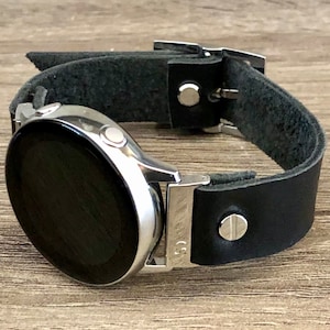 Samsung Galaxy Watch Band Ultra 7, 6, 5 Series 20mm Black Leather Strap, Silver Accents, Adjustable Size Bracelet, Genuine Leather Accessory