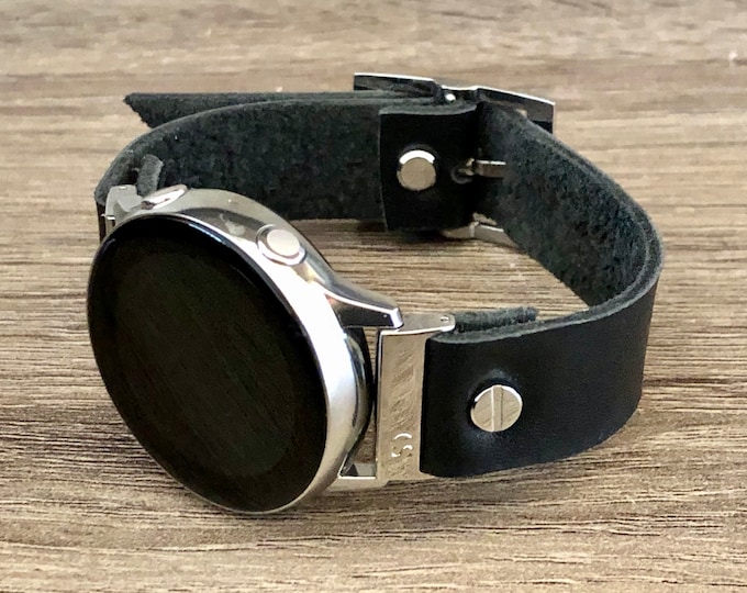 Samsung Galaxy Watch Band Ultra 7, 6, 5 Series 20mm Black Leather Strap, Silver Accents, Adjustable Size Bracelet, Genuine Leather Accessory