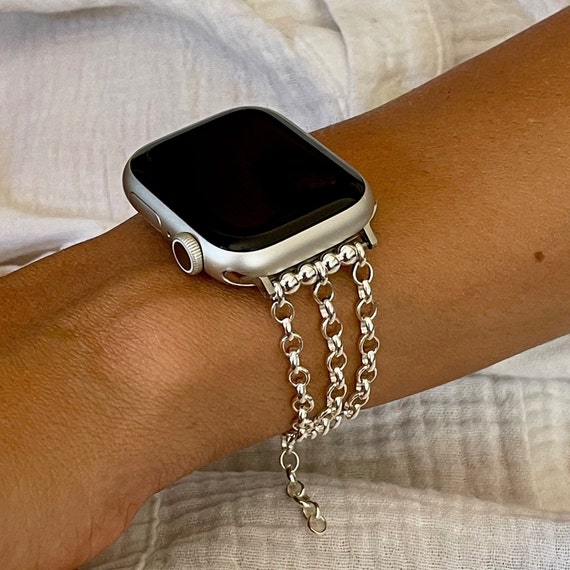 Solid Silver Chain Band for Apple Watch Series 9/8/7/6/SE, Women Iwatch  Strap Band 38mm 40mm 41mm 44mm 45mm/ Rolo Chain Watch Band Jewelry 