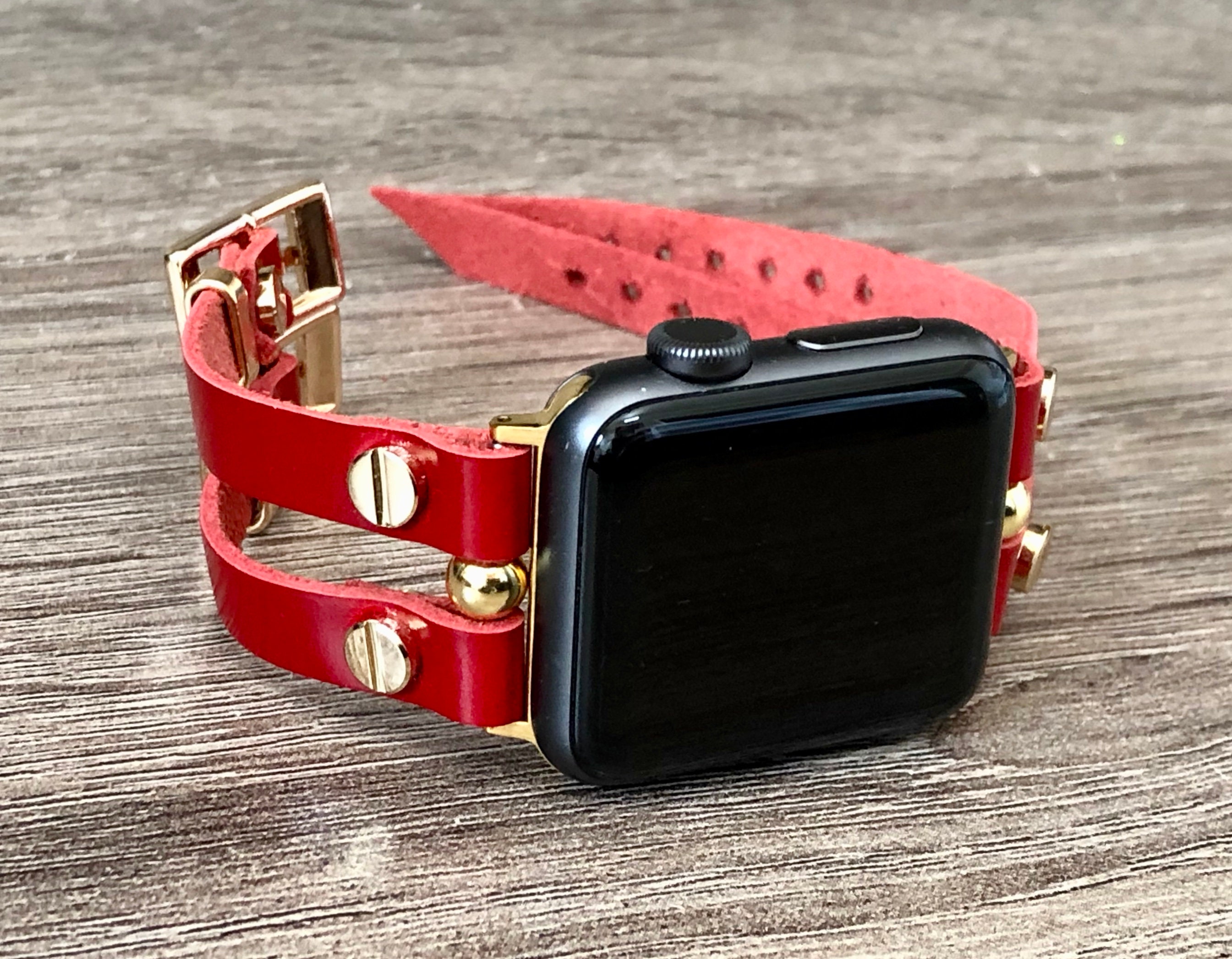 Red & Gold Apple Watch Band 38mm 40mm 42mm 44mm Leather Strap Bracelet Women iWatch Band Jewelry