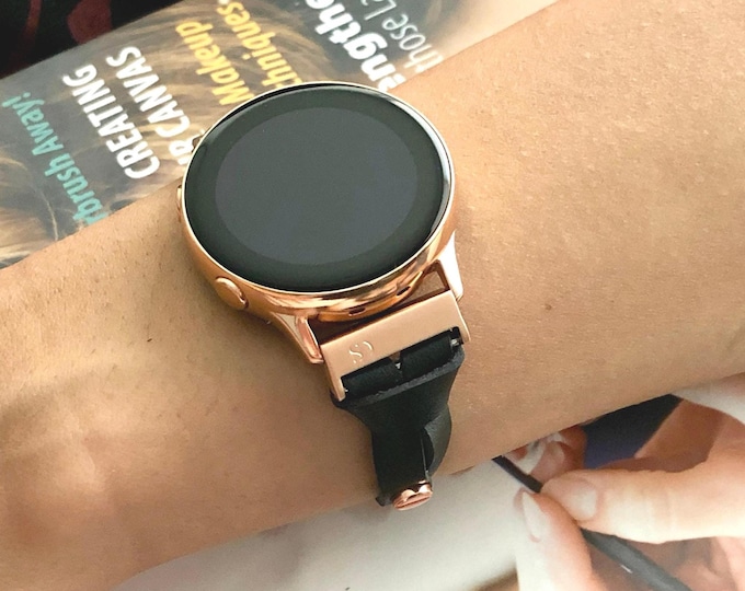 Black Galaxy Watch Band: Slim Leather Strap, Rose Gold Bracelet
