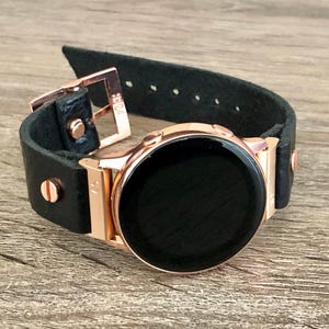 Black Leather Galaxy Watch Band: 20mm Replacement Strap, Rose Gold Accents Bracelet Series 7/6/5