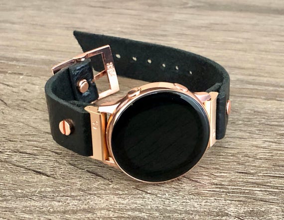 Black Leather Galaxy Watch Band 20mm Strap, Rose Gold Accent