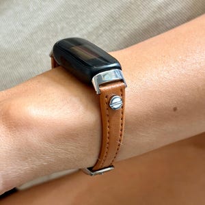 Light Brown Leather Fitbit Inspire 3 Band Slim Strap Silver Accents Bracelet