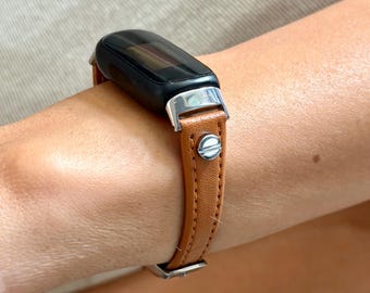 Light Brown Leather Fitbit Inspire 3 Band Slim Strap Silver Accents Bracelet