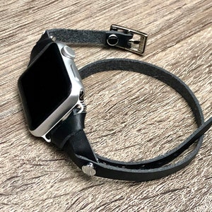 Uhrenarmband aus schwarzem Leder: Schmales Wickelarmband für iWatch Bild 3
