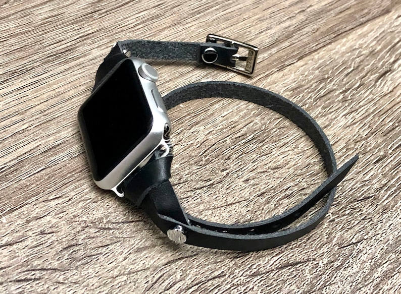 Uhrenarmband aus schwarzem Leder: Schmales Wickelarmband für iWatch Bild 3