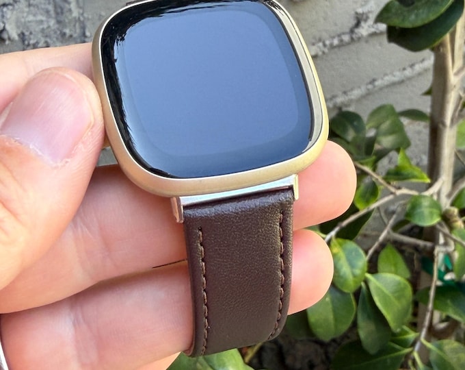 Genuine Leather Fitbit Versa 4 Sense 2 Band, Dark Brown Stitched Strap 5.5-8 inch