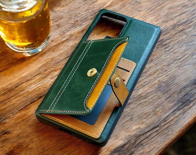 Leather Galaxy Phone Case S26 Ultra S25 Plus S24 S23, Slim Wallet Card ID Holder, Snap Strap Cash Pocket, Personalized Galaxy Phone Case