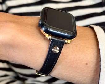 Black Leather Apple Watch Band 42mm 46mm Ultra, Slim Strap Women Bracelet