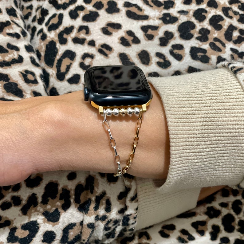 Elegante cinturino per Apple Watch da donna Bracciale a catena in metalli misti in argento sterling e oro, cinturino per Apple Watch bicolore immagine 5