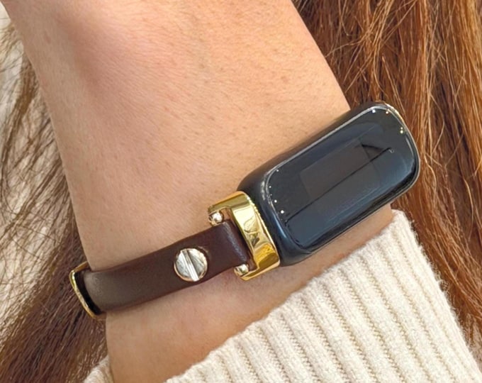 Slim Dark Brown Leather Fitbit Inspire 3 Band Strap, Gold Accents Women's Bracelet