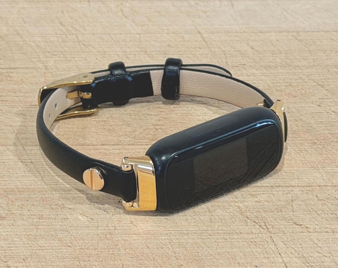 Black Fitbit Inspire 3 Band: Slim Gold Accent Leather Strap, Women's Bracelet