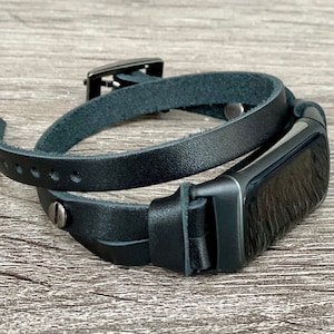 Leather Fitbit Charge 5 Band, Double Wrapped Fitbit Charge 5 Bracelet, Black Fitbit Charge 5 Strap, Adjustable Fitbit Charge 5 Wristband