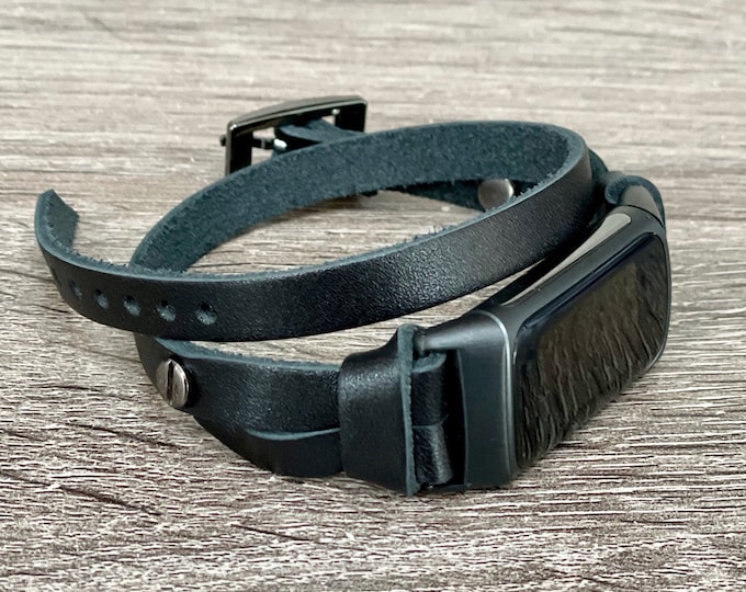 Leather Fitbit Charge 5 Band, Double Wrapped Fitbit Charge 5 Bracelet, Black Fitbit Charge 5 Strap, Adjustable Fitbit Charge 5 Wristband