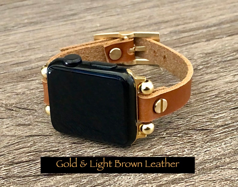 Correa dorada para Apple Watch: Pulsera delgada de cuero para iWatch para mujer imagen 3