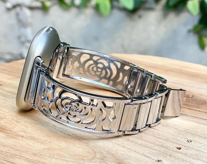 Silver Floral Fitbit Versa 4 Band, Versa 3 Bracelet, Women Sense 2 Bangle, Adjustable