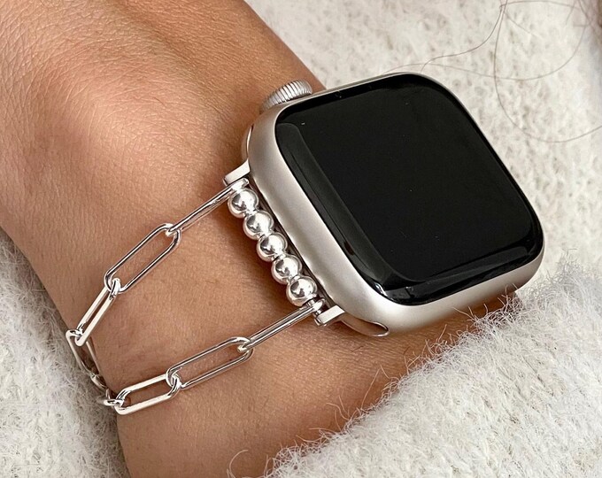 Silver Apple Watch Band Paperclip Chain Bracelet, Women Apple Watch Strap Jewelry 38mm 40mm 41mm 42mm 44mm 45mm 46mm Ultra, Gift for Her