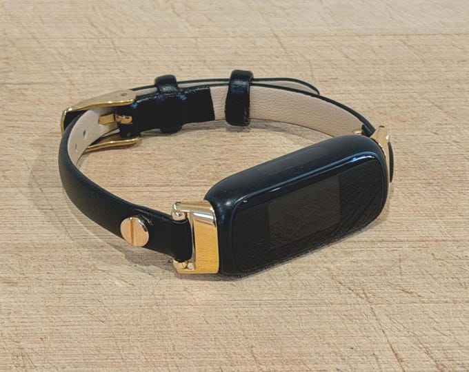 Slim Black Leather Fitbit Luxe Band Gold Accent Adjustable Bracelet