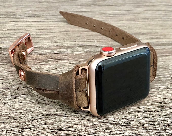 Apple Watch Band Rose Gold & Rustic Brown Leather Bracelet 38mm 40mm 41mm 42mm 44mm 45mm Slim Apple Watch Strap Skinny Smart Watch Straps