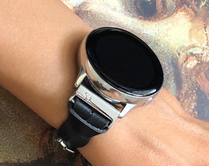 Samsung Galaxy Watch Band 7, 6, 5, 4 Ultra Series Slim Black Leather Smartwatch Band, Women Fitness Watch Strap, 20mm Smartwatch Strap