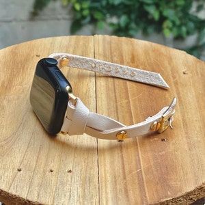 Apple Watch Band 46mm 42mm 41mm 45mm 40mm 44mm Luxury Handcrafted Leather Strap Bracelet in Cream Color, Gold Accents Jewelry, Gift for Her