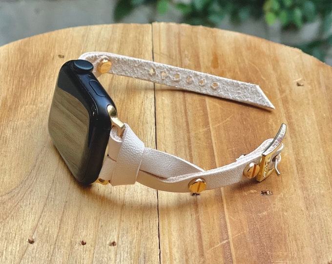 Apple Watch Band 46mm 42mm 41mm 45mm 40mm 44mm Luxury Handcrafted Leather Strap Bracelet in Cream Color, Gold Accents Jewelry, Gift for Her