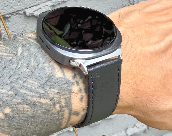 Black Genuine Leather Galaxy Watch 8 Band, Classic Strap, Adjustable Wristband
