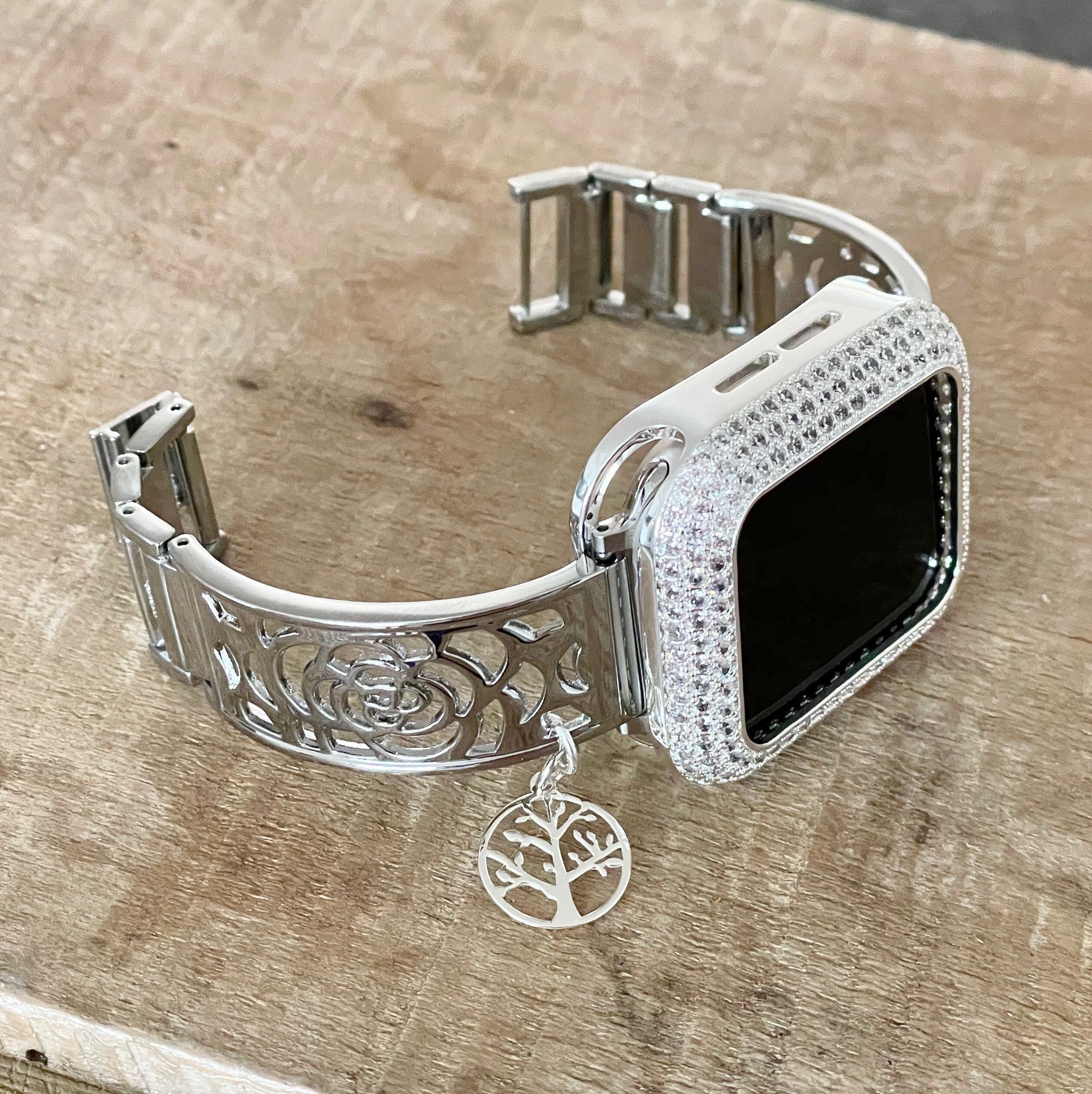 Silver Metal Apple Watch Band Pave Crystals Watch Case Cover (38mm 40mm