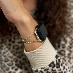 Elegante cinturino per Apple Watch da donna Bracciale a catena in metalli misti in argento sterling e oro, cinturino per Apple Watch bicolore immagine 10