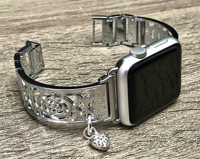 Silver Apple Watch Band, Women Apple Watch Charm Bracelet, iWatch Bling Jewelry 38mm 40mm 41mm 42mm 44mm 45mm Replacement Watch Strap