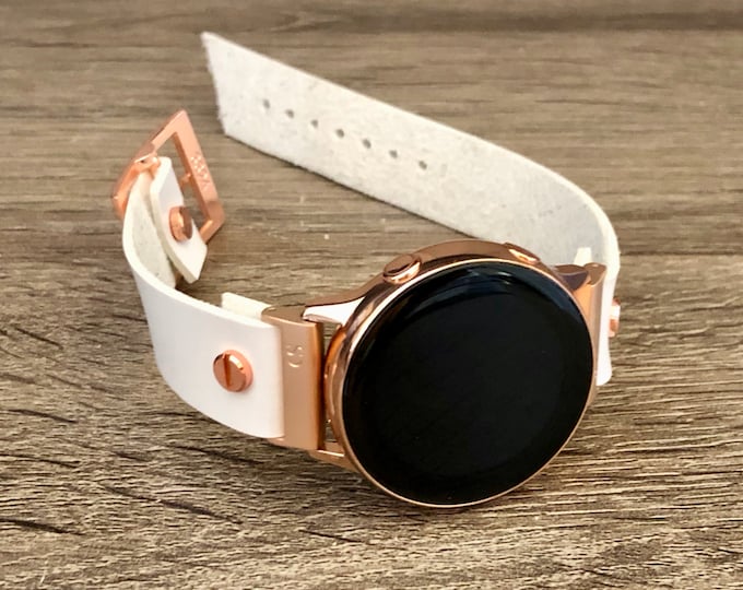 White Leather Rose Gold Samsung Galaxy Active Band, Rose Gold Galaxy Watch Active2 Bracelet 40mm 44mm, Vegan Leather Rose Gold Watch Band