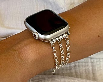 Sterling Silver Rolo Chain Apple Watch Band Bracelet, Women's Luxury Jewelry Strap