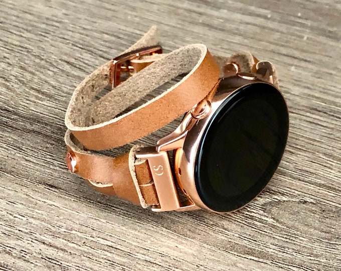 Light Brown Galaxy Watch Active 40mm Band Double Wrap Genuine Leather Strap Rose Gold Samsung Watch 4/5 Pro 40mm 44mm 45mm 42mm Band