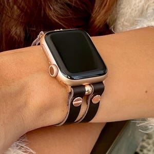 Dark Brown Leather Apple Watch Band, Rose Gold Double Strap Bracelet for Women