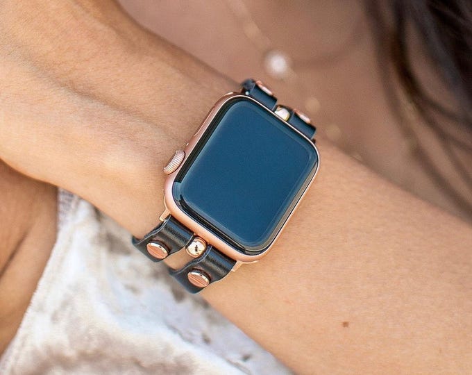 Custom Apple Watch Band - Black Leather iWatch Strap - Fits All Series ( 38mm-49mm, SE, Ultra ) Stylish Jewelry with Rose Gold Accents
