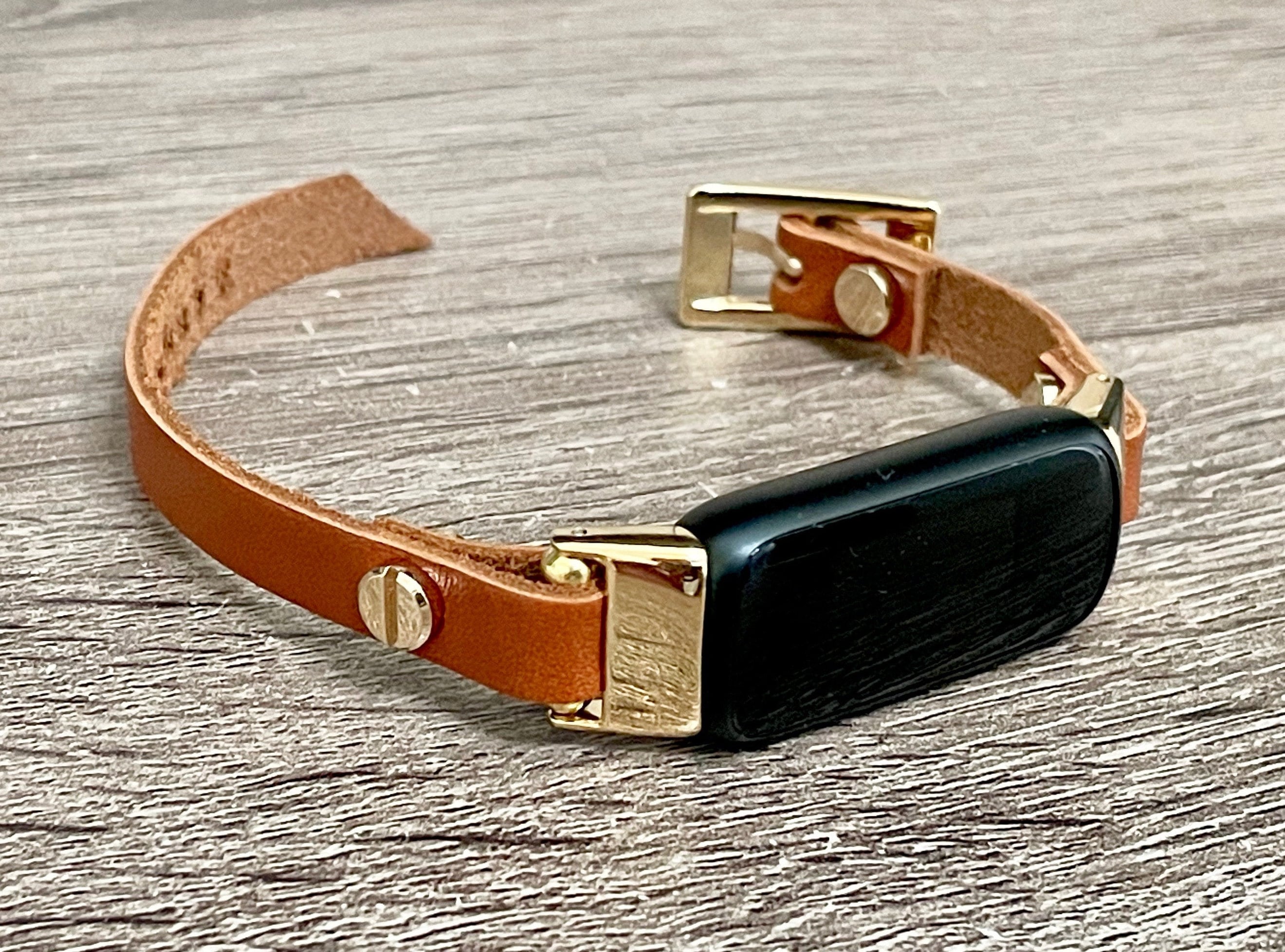 Black Vegan Leather Bracelet Gold Bangle with Lock Charm for Fitbit Lu