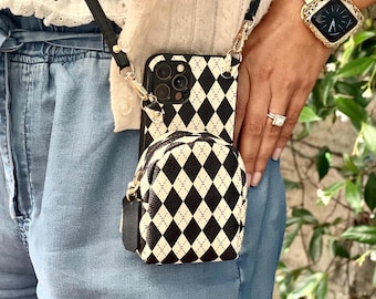 Diamond Print iPhone Crossbody Case: Personalized Leather Purse Wallet, Pro Max Plus Air