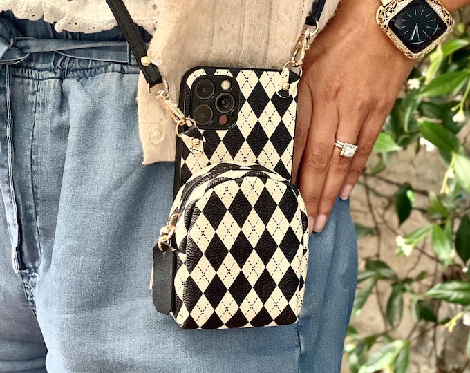 Crossbody iPhone Case for 16 15 14 13 12 Pro Plus Max - Personalized Shoulder Strap Phone Case Bag, Black & White Diamond Print Purse Wallet