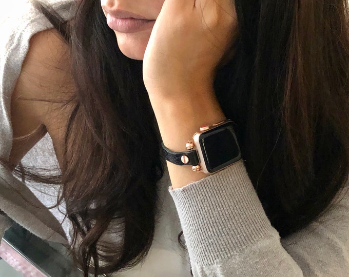 Slim  Daily Use Black Leather & Rose Gold Apple Watch Band 38mm 40mm 41mm 42mm 44mm 45mm Style Office Wear iWatch Strap Replacement Bracelet