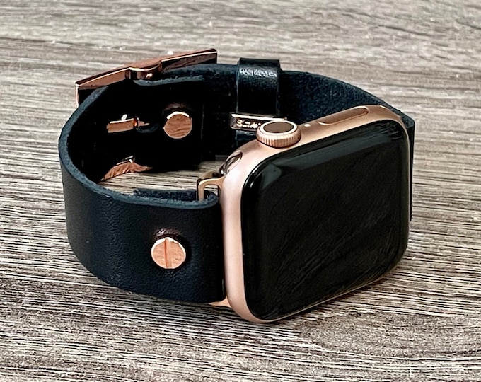 Black Italian Leather Apple Watch Band 38mm 40mm 41mm 42mm 44mm 45mm Rose Gold iWatch Bracelet Adjustable Wristband Soft Leather Strap Band