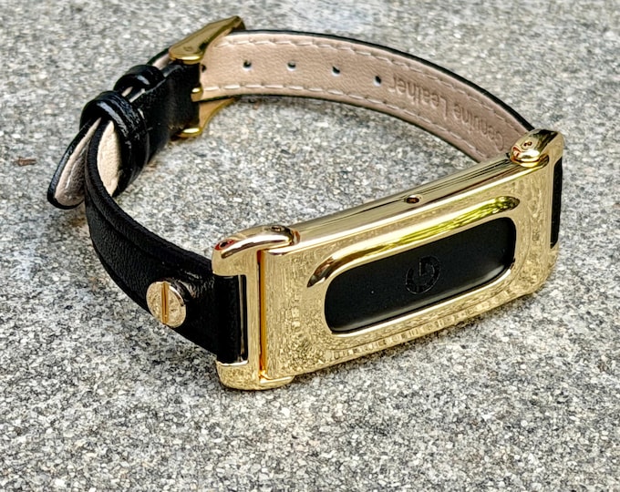 Black Leather Fitbit Air Band 12mm Genuine Leather Strap, Gold Hardware, Adjustable 5.5" - 7.5"