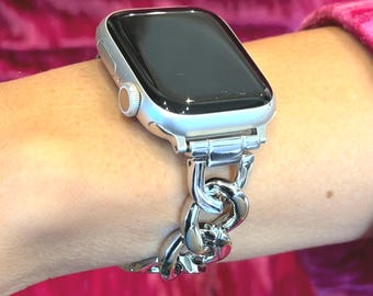Silver Apple Watch Band Lightweight Metal Bracelet, Adjustable Links Watch Strap