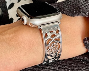 Silver Apple Watch Band: Heart Charm Bracelet, Adjustable Links