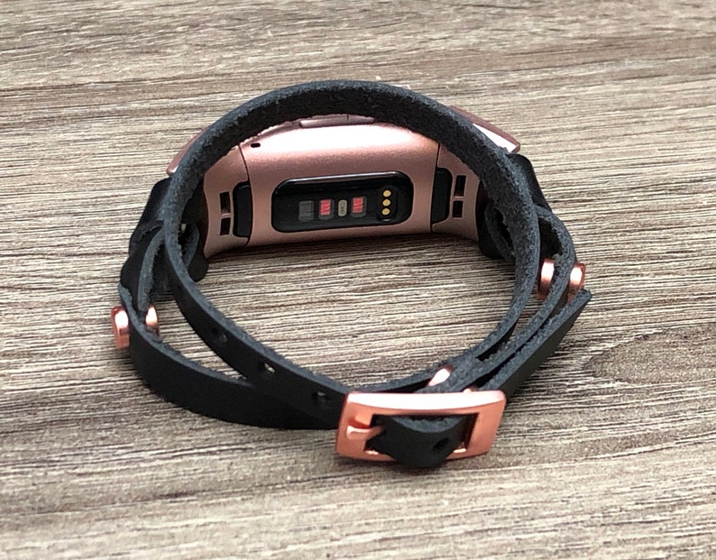 Women Fitbit Charge 3 Band Black Leather Double Wrap Fitbit Charge 3 Strap Luxury Rose Gold Fitbit Charge 3 Band Adjustable Fitbit Bracelet