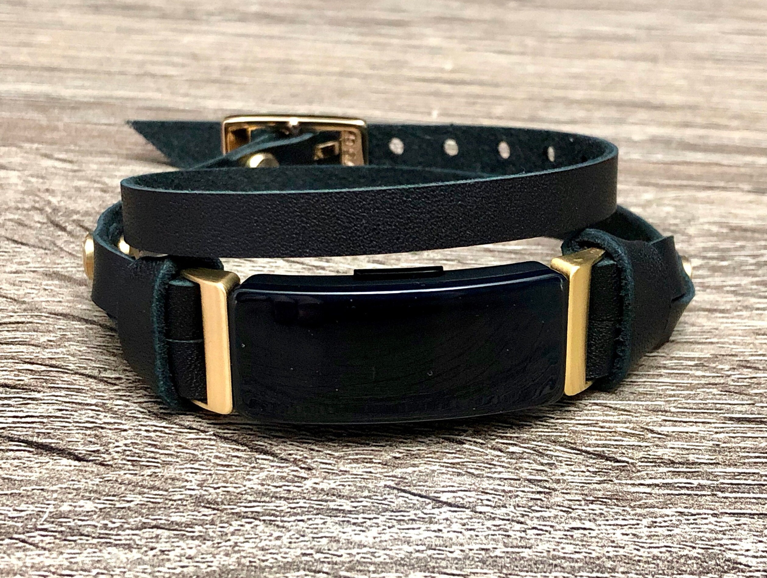 Gold & Black Leather Fitbit Inspire HR Band, Double Wrapped Fitbit Inspire Strap Bracelet